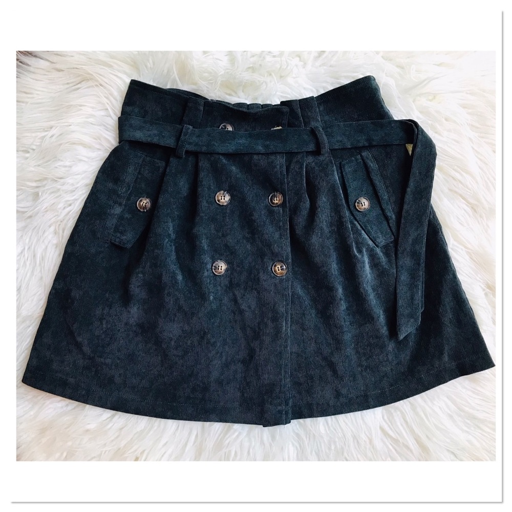 Loveriche Corduroy Mini Skirt Paper Bag Tie Waist Blue Size Large